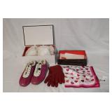 Coach Designer Set: Fuchsia Sneakers Size 8.5, Red Leather Gloves, Heart Print Scarf