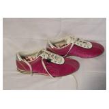Coach Designer Set: Fuchsia Sneakers Size 8.5, Red Leather Gloves, Heart Print Scarf