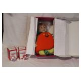 Pumpkin Costume Porcelain Doll with 2 Red Hat Collection Figurines