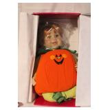 Pumpkin Costume Porcelain Doll with 2 Red Hat Collection Figurines