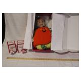 Pumpkin Costume Porcelain Doll with 2 Red Hat Collection Figurines