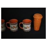 Set of 4 Autumn Leaf Ceramic Mugs and Orange Travel Cup