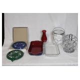 Kitchenware Collection with Denby Baking Dish, Pyrex Dish, Cast Iron Trivets, KitchenAid Chopper, Lunch Pail, and Metal Cup Holder