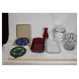 Kitchenware Collection with Denby Baking Dish, Pyrex Dish, Cast Iron Trivets, KitchenAid Chopper, Lunch Pail, and Metal Cup Holder