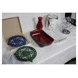 Kitchenware Collection with Denby Baking Dish, Pyrex Dish, Cast Iron Trivets, KitchenAid Chopper, Lunch Pail, and Metal Cup Holder