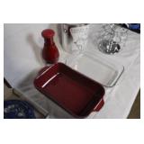 Kitchenware Collection with Denby Baking Dish, Pyrex Dish, Cast Iron Trivets, KitchenAid Chopper, Lunch Pail, and Metal Cup Holder