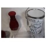 Kitchenware Collection with Denby Baking Dish, Pyrex Dish, Cast Iron Trivets, KitchenAid Chopper, Lunch Pail, and Metal Cup Holder