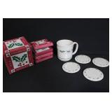 Longaberger Pottery Holly Mug with Set of 4 Matching Coasters