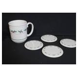 Longaberger Pottery Holly Mug with Set of 4 Matching Coasters