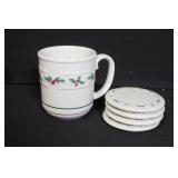 Longaberger Pottery Holly Mug with Set of 4 Matching Coasters