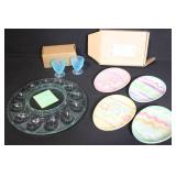 Longaberger Easter Egg Snack Plates, Glass Egg Plate, and Blue Egg Cups Set