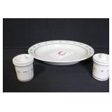 Longaberger Pottery Platter and Set of 2 Condiment Crocks with Lids