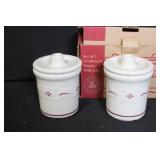 Longaberger Pottery Platter and Set of 2 Condiment Crocks with Lids