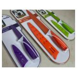 3 New Ceramic Coated Kitchen Knives with Sleeves