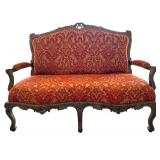 Antique Carved Wood Settee & Red Damask Upholstery