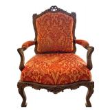 Ornate Carved Wood Armchair & Orange Damask Upholstery