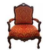 Louis XV Style Carved Wood Armchair & Damask Upholstery