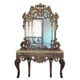 Baroque-Style Gilded Console Mirror with Ornate Carved Frame