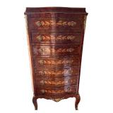 Antique French Bombe Chest of Drawers with Floral Inlay & Ormolu Mounts