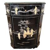Black Lacquer Mother of Pearl Oriental Corner Cabinet
