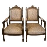 Pair of Carved Wood Armchairs with Damask Upholstery #1