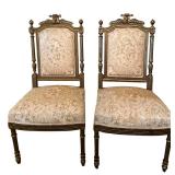 Pair of Antique Carved Wood Chairs & Damask Upholstery #2