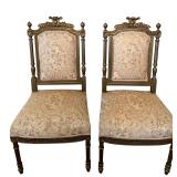 Pair of Antique Carved Wood Chairs & Damask Upholstery #3