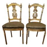 Pair of Gilded Lyre-Back Chairs & Green Damask Silk Upholstery