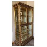 Ornate Gold-Leaf Glass Lighted Display Cabinet with Mirrored Back