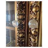 Ornate Gold-Leaf Glass Lighted Display Cabinet with Mirrored Back