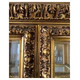 Ornate Gold-Leaf Glass Lighted Display Cabinet with Mirrored Back