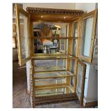 Ornate Gold-Leaf Glass Lighted Display Cabinet with Mirrored Back