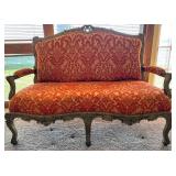 Antique Carved Wood Settee & Red Damask Upholstery
