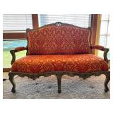 Antique Carved Wood Settee & Red Damask Upholstery