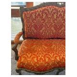 Antique Carved Wood Settee & Red Damask Upholstery