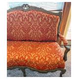 Antique Carved Wood Settee & Red Damask Upholstery