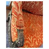 Antique Carved Wood Settee & Red Damask Upholstery