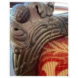 Antique Carved Wood Settee & Red Damask Upholstery