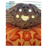 Antique Carved Wood Settee & Red Damask Upholstery