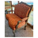Antique Carved Wood Settee & Red Damask Upholstery