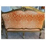 Antique Carved Wood Settee & Red Damask Upholstery