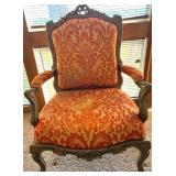 Ornate Carved Wood Armchair & Orange Damask Upholstery
