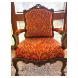 Ornate Carved Wood Armchair & Orange Damask Upholstery