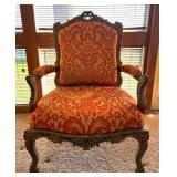 Ornate Carved Wood Armchair & Orange Damask Upholstery