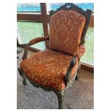 Ornate Carved Wood Armchair & Orange Damask Upholstery