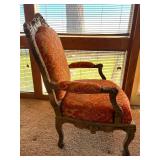 Ornate Carved Wood Armchair & Orange Damask Upholstery