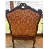 Ornate Carved Wood Armchair & Orange Damask Upholstery