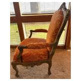 Ornate Carved Wood Armchair & Orange Damask Upholstery