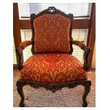 Louis XV Style Carved Wood Armchair & Damask Upholstery