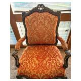 Louis XV Style Carved Wood Armchair & Damask Upholstery